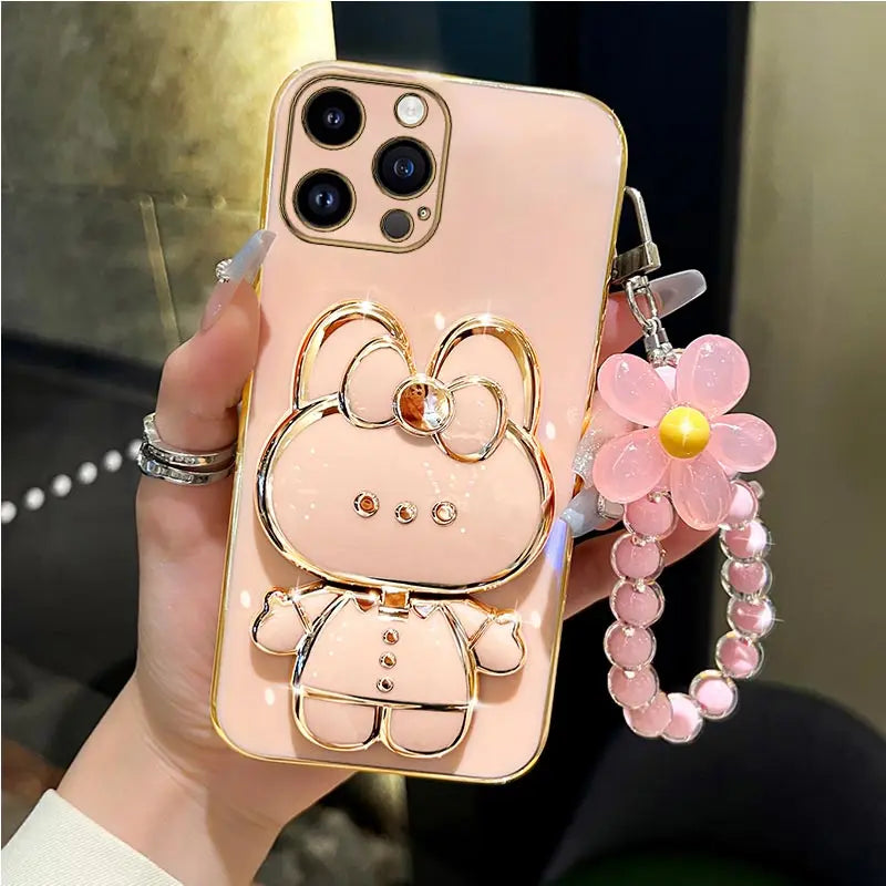 Mirror Rabbit Flower Strap Case For iPhone 14 13 12 11 Pro Max 13Pro 12Pro X XR Xs Max 6 7 8 Plus Stand Cover