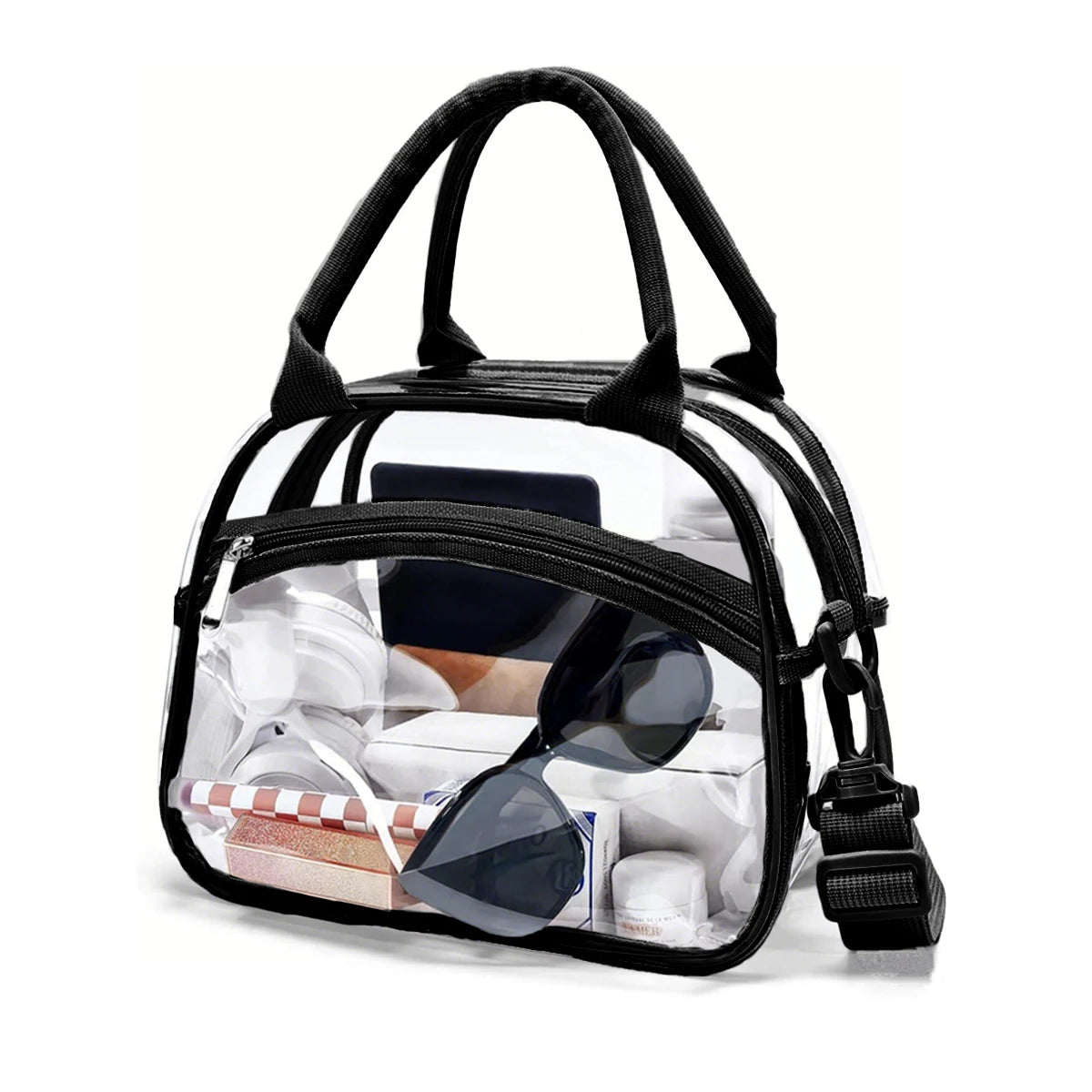 Transparent non insulated lunch bag with adjustable shoulder straps, suitable for work, picnic, travel, concerts, sports
