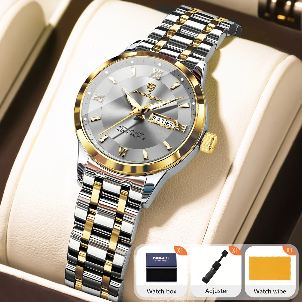 POEDAGAR Luxury Fashion Woman Watch Luminous Waterproof Stainless Steel Ladies Wristwatch Quartz Week Date Elegant Woman's Watches Male Reloj