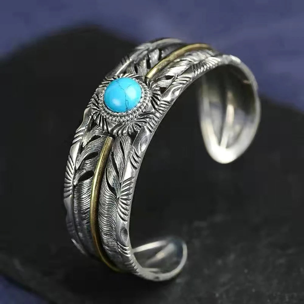 Vintage Copper Plated Silver Color Feather Unisex Bracelet Open Cuff Bangle With Turquoise Retro Style