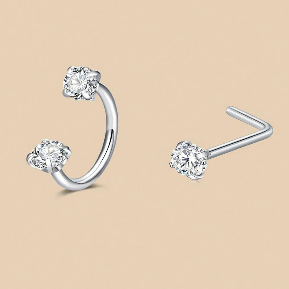 6/2pcs Horseshoe Nose Rings With L-Shape Nose Stud, Stainless Steel Rianbow CZ Nose Ring,, Lip Eyebrow Helix Ear Piercing mbzr