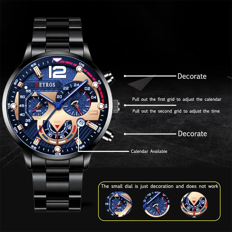 Fashion Mens Stainless Steel Watches Luxury Quartz Wristwatch Calendar Luminous Clock Men Business Casual Watch Reloj Hombre mbzr