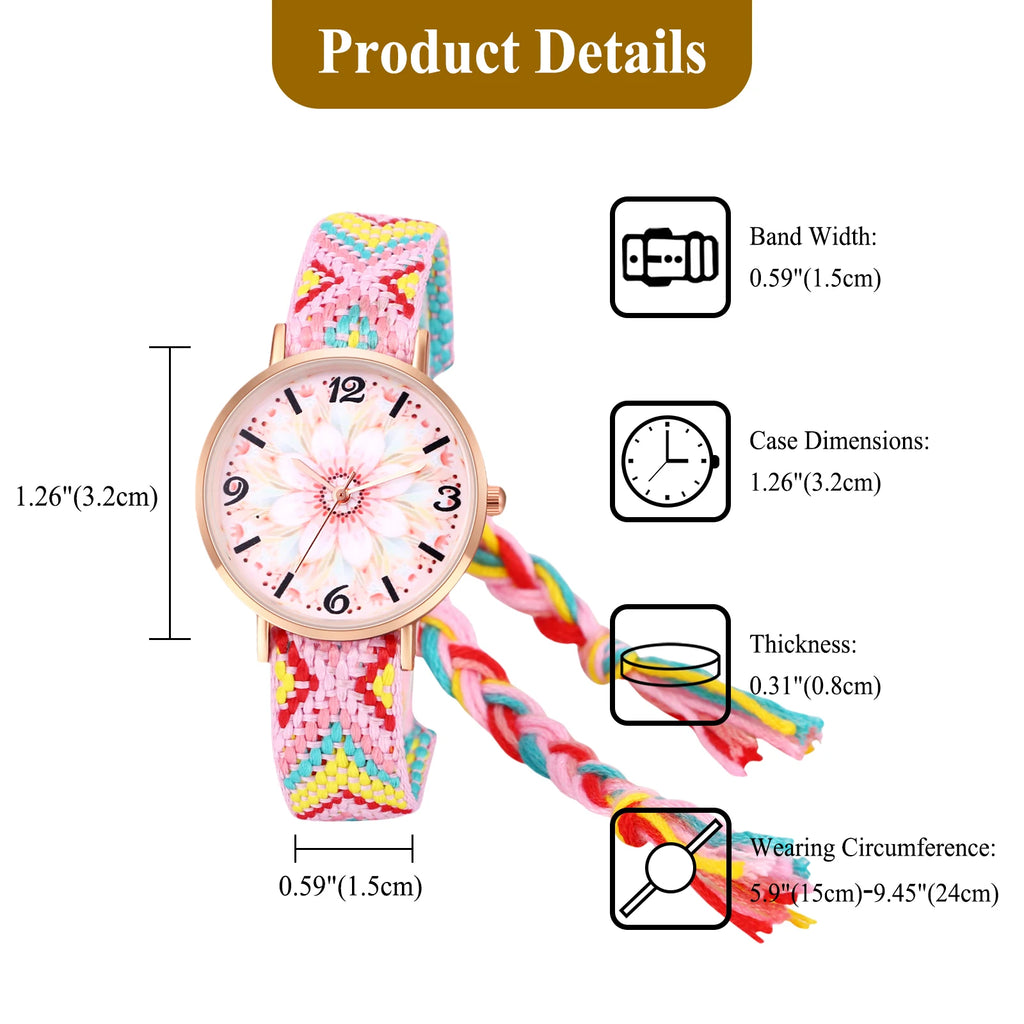 LANCARDO Bohemian Ladies Bracelet Watch Woven Rainbow Strap Floral Print Dial Analog Quartz Watch Girl Gift