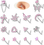 14Pcs Nose Rings Nose Studs for Women Nose Piercings 20G L Shaped Corkscrew Dangle Nose Rings Studs Simulated Diamond Pink CZ Opal Dangling Dangly Hanging Nose Piercing Jewelry with Heart Star Butterfly Flower Cross Moon Char