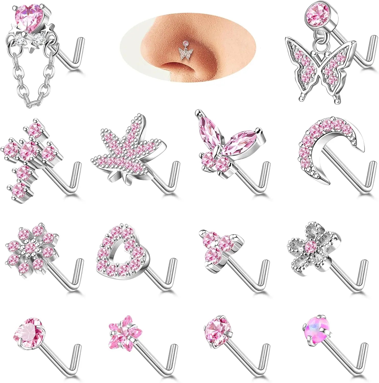 14Pcs Nose Rings Nose Studs for Women Nose Piercings 20G L Shaped Corkscrew Dangle Nose Rings Studs Simulated Diamond Pink CZ Opal Dangling Dangly Hanging Nose Piercing Jewelry with Heart Star Butterfly Flower Cross Moon Char