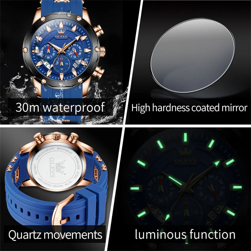 OLEVS 9991 Top Trendy Men's Watch Waterproof Silicone Strap Luxury Multifunctional Chronograph Brand Sports Quartz Men's Watch mbzr