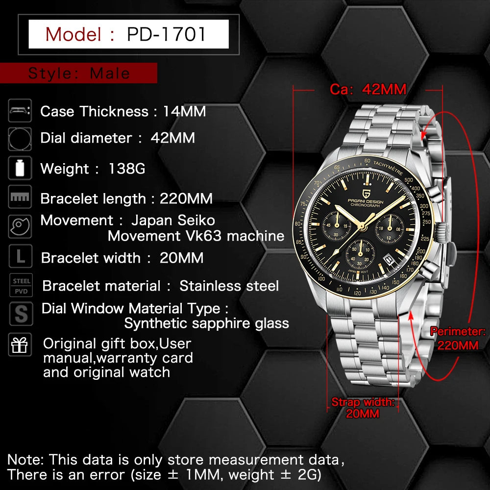 PAGANI DESIGN New Golden Watch Luxury Quartz Watches For Men Stainless steel Luminous AR Sapphire crystal Chronograph Man Gift Local Shipping