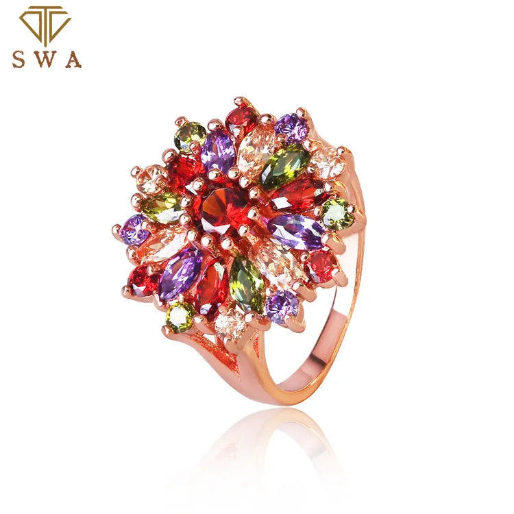 Rose Gold Diamond Rainbow Ring Silver Retro Fine Jewelry