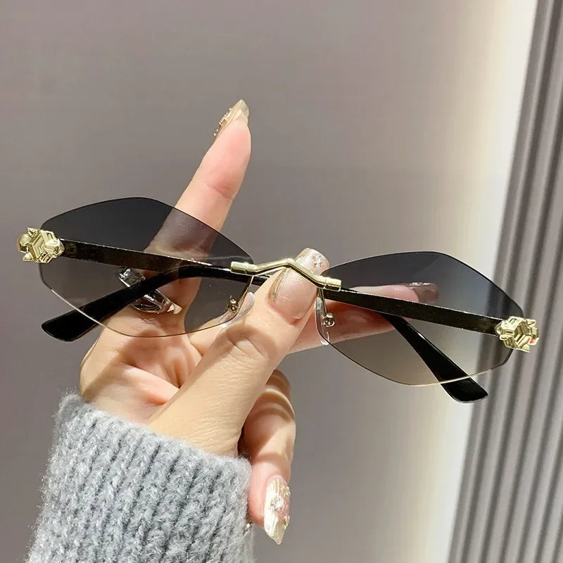Trendy Rimless Polygonal Sunglasses Stylish Gradient Lens Metal Shades Eyewear