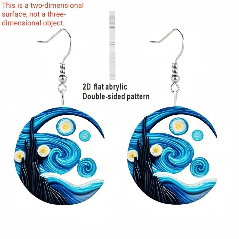 1 pair of Van Gogh starry sky pattern acrylic earrings, moon black cat unique ladies earrings