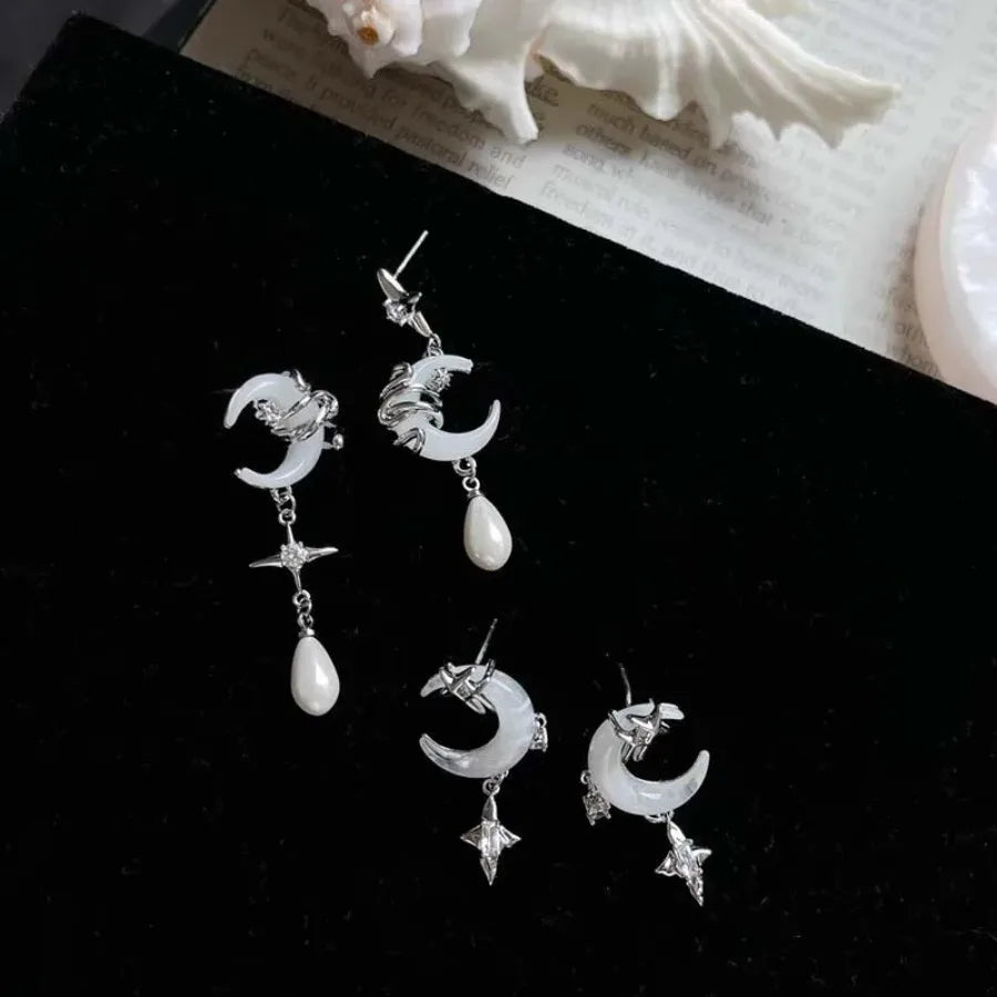 Fashion Asymmetric Shiny Star Moon Drop Earrings for Women Exquisite Metal Crystal Pearl Earrings Aesthetic Jewelry Accessories