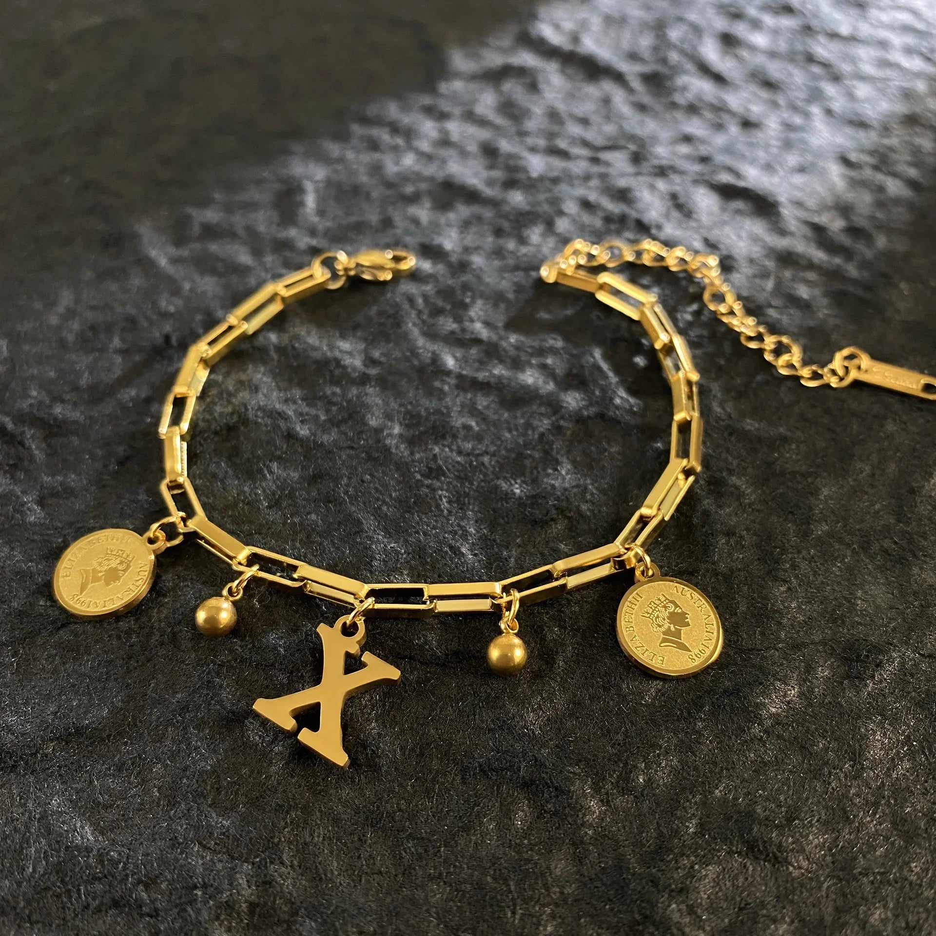 1pc Queen Coin Letter plated Stainless Steel Bracelet for Women Small Bell Pendant Adjustable Bracelet Classic Jewelry Gift