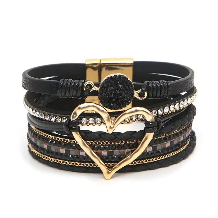 Layered PU Leather Heart Charm Wrap Bracelet With Magnetic Closure For Women, Boho Style, All Season Accessory mbzr
