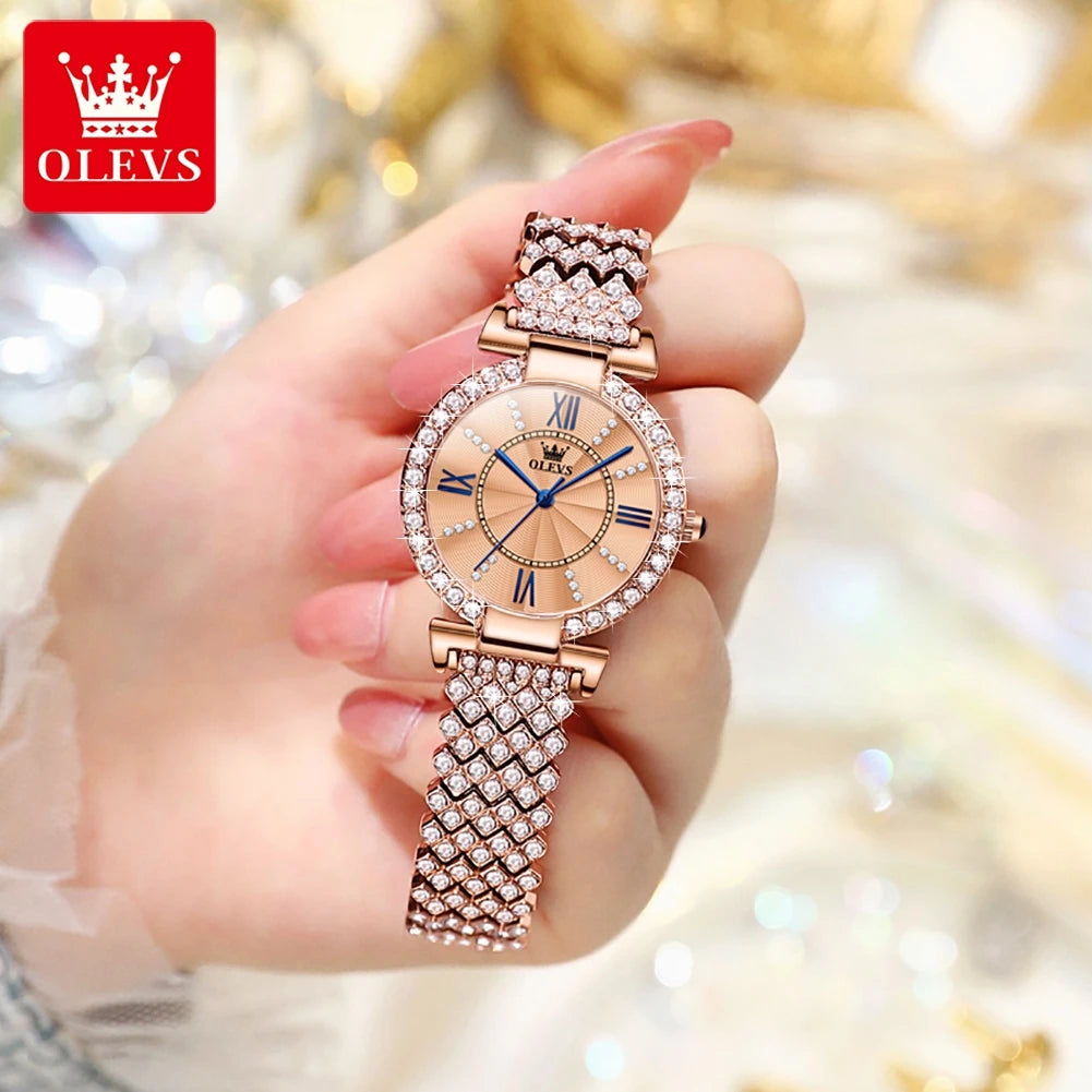 OLEVS 9942 Fashion Quartz Movement Watch For Women Full Of Diamond-set Strap Roman Scale Dial 30m Waterproof Luminous Watch