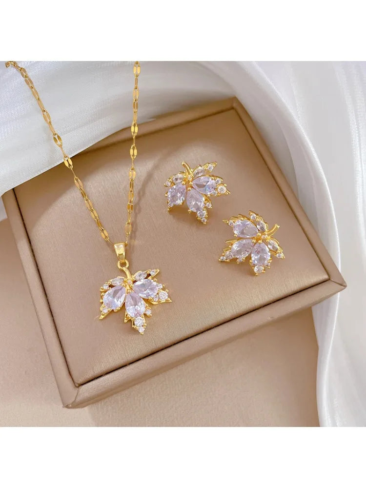 3pcs Micro Paved Maple Leaf Full Rhinestone Jewelry Set, Luxury Elegant Unique Earrings Necklace Combo for Women Wedding Party Banquet