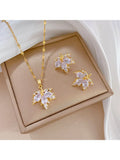 3pcs Micro Paved Maple Leaf Full Rhinestone Jewelry Set, Luxury Elegant Unique Earrings Necklace Combo for Women Wedding Party Banquet