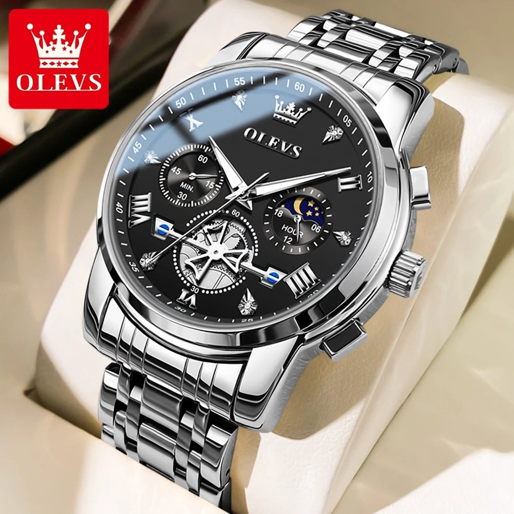 Quartz Watch Flywheel Skeleton Chronograph Moon Phase Multifunctional OLEVS 2856 mbzr