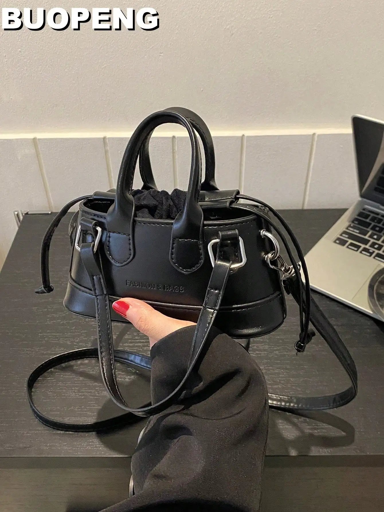 Mini Silver Croc-Embossed Top Handle Bag with Drawstring Closure