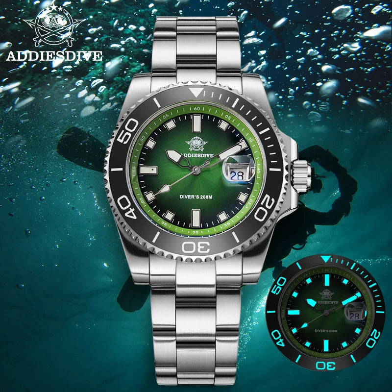 ADDIESDIVE 2026 New Men's Diving Watch 200M Waterproof BGW9 Super Blue Luminous Quartz Wristwatch Stainless Steel Sport Watches