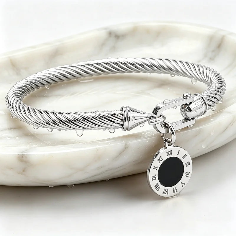 316L Stainless Steel Twisted Cable Bangle Roman Numeral Pendant Round Charm Bracelet Waterproof Hypoallergenic Fade Resistant Women Jewelry