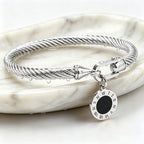 316L Stainless Steel Twisted Cable Bangle Roman Numeral Pendant Round Charm Bracelet Waterproof Hypoallergenic Fade Resistant Women Jewelry