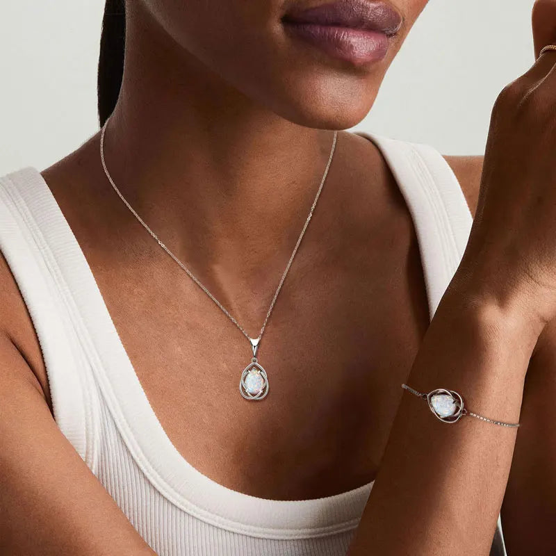 OXTAO White Opal Water Drop Necklace Bracelet Female Jewelry 925 Sterling Silver 7x10mm Pear Shape Cut Hollow Pendant Adjustable mbzr