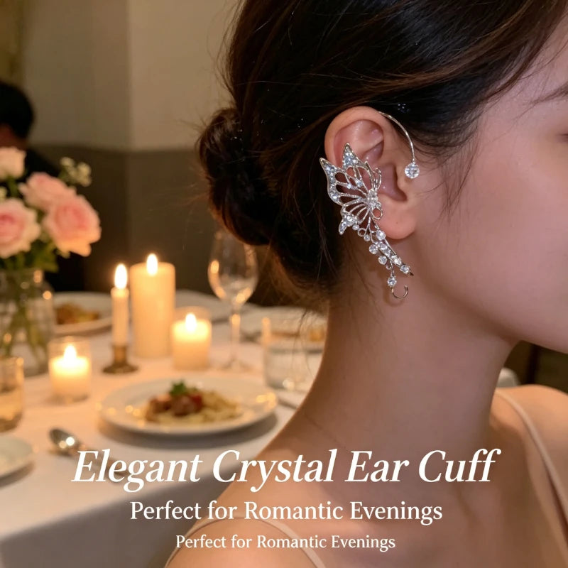 French Style Large Crystal Butterfly Ear Hook Clip Earrings Unique Hollow Wing Dangle Ear Cuff High End Nightclub Gown Fine Jewelry