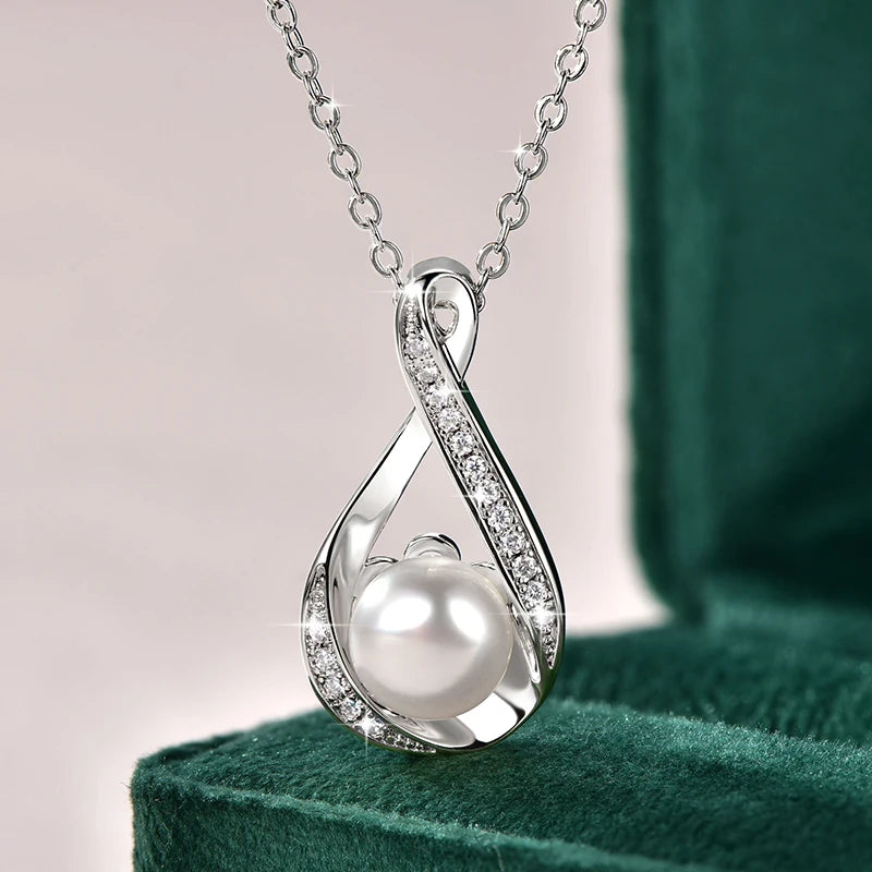 OXTAO Natural Freshwater Pearl Infinity Pendant Necklace Engagement Wedding Anniversary Jewelry Gifts Moissanite Charm Necklaces with Certified