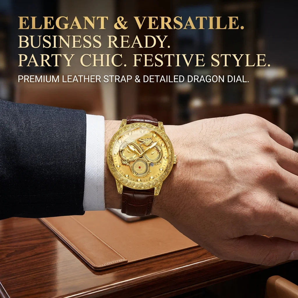 1pcs Men's Gold Leather Band Luxury Business Moon Phase Quartz Watch for Party Holiday Gift mbzr