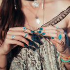 Bohemian Turquoise Jewelry Set Pendant Choker Necklace Faux Leather Cuff Bracelet Hoop Dangle Earrings mbzr