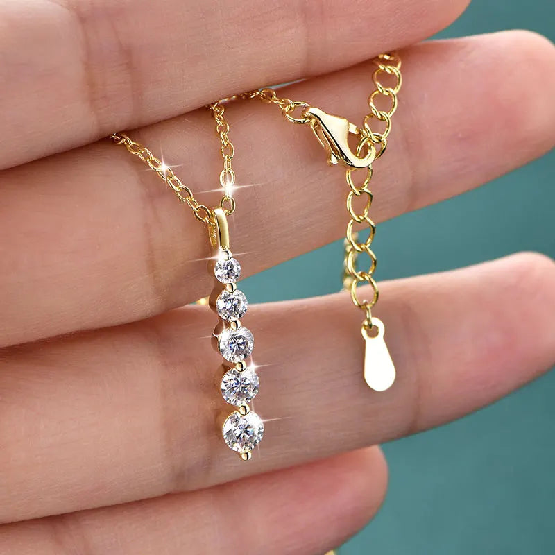 OXTAO Long 5-Stone Moissanite Pendant Necklace D VVS1 for Women Clavicle Chain Necklace Fine Jewelry Gift 14K Gold Filled