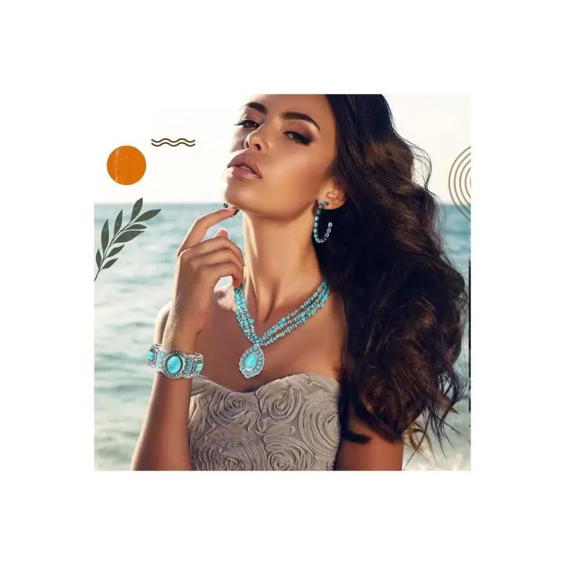 Women's Three-Piece Bohemian Jewelry Set, including a long necklace with Bohemian pendant, stackable bracelets and drop earrings mbzr