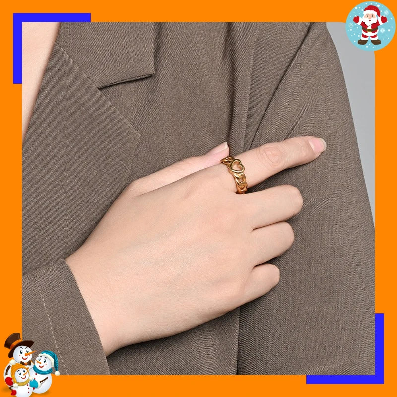 Trendy Cuban Chain Heart Ring Niche High-end Titanium Steel Gold-plated Fashion Commuter Ring