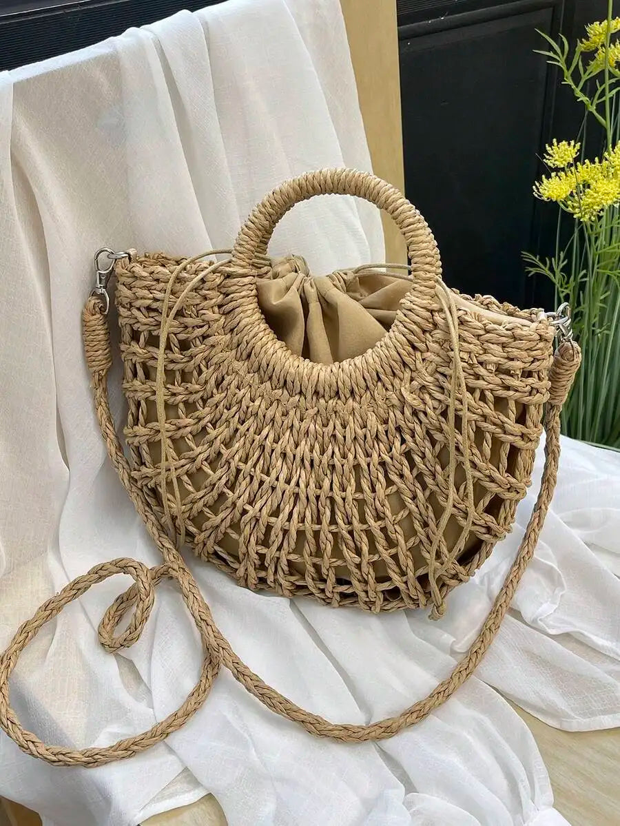 1pc Half-Moon Hollow Out Handbag, Fashionable Beach Vacation Straw Woven Bag, Vacation Bag For Summer, Perfect For Beach Vacatio mbzr