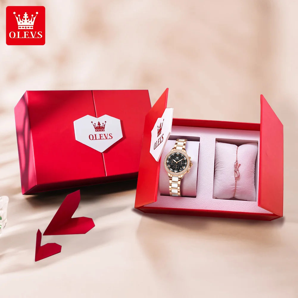 OLEVS 9999 Women Watch Brand Original Elegant Waterproof Chronograph Luxury Ceramic Dress Pink Women Quartz Watch Reloj Mujer mbzr