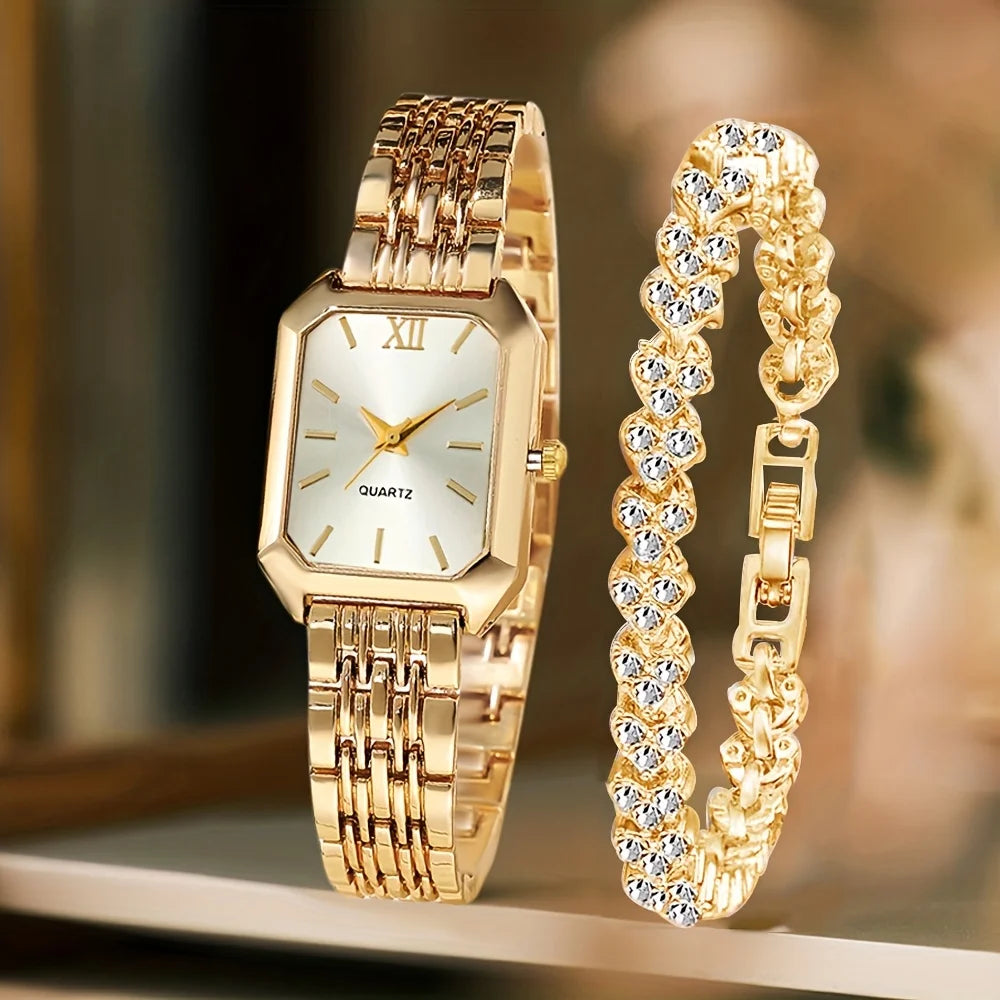 2PCS Fashion Rectangle Women Quartz Watch Rhinestone Bracelet Set Ladies Roma Dial Wristwatch Reloj Mujer Girls Clock Gift mbzr