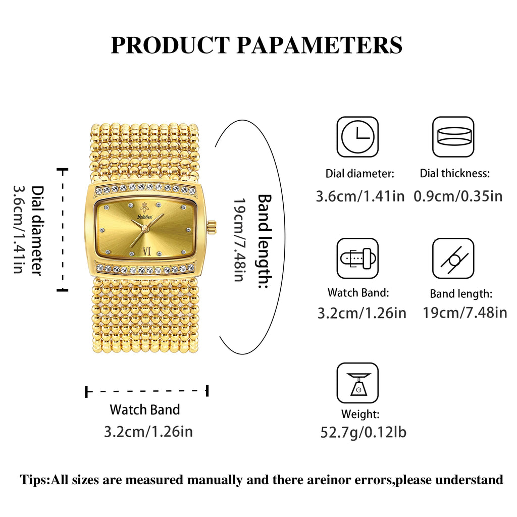 YaLaLuSi Multi Strand Gold Bead Mesh Ladies Watch Rectangle Crystal Bezel Black Dial Luxury Women Quartz Wristwatch Gift