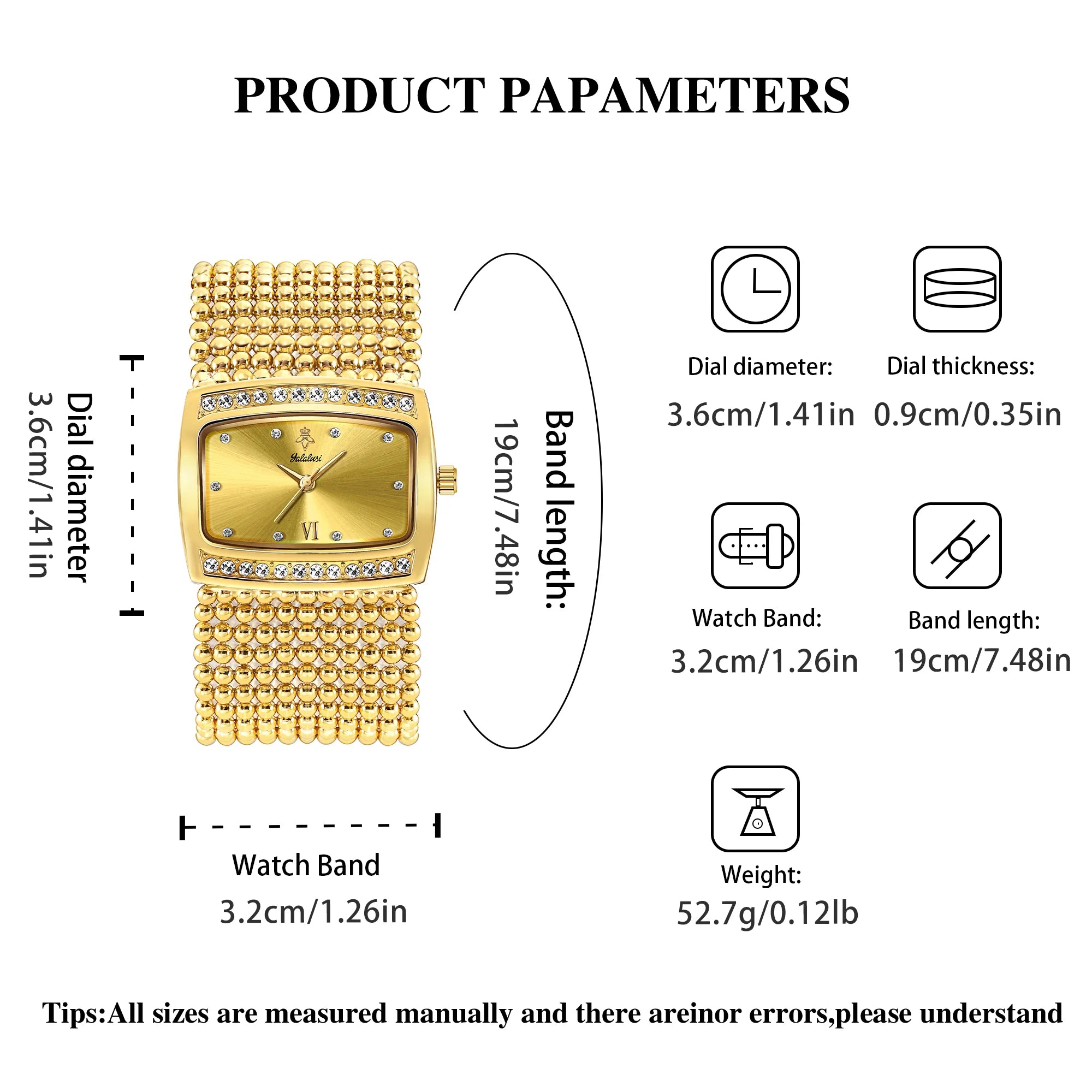 YaLaLuSi Multi Strand Gold Bead Mesh Ladies Watch Rectangle Crystal Bezel Black Dial Luxury Women Quartz Wristwatch Gift