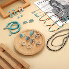 Turquoise Jewelry for Women Bohemian Western Jewelry Set Navajo Pearl Necklace Beaded Choker Necklace Turquoise Earrings Bracelet Vintage Knuckle Rings Boho Western Jewelry for Women