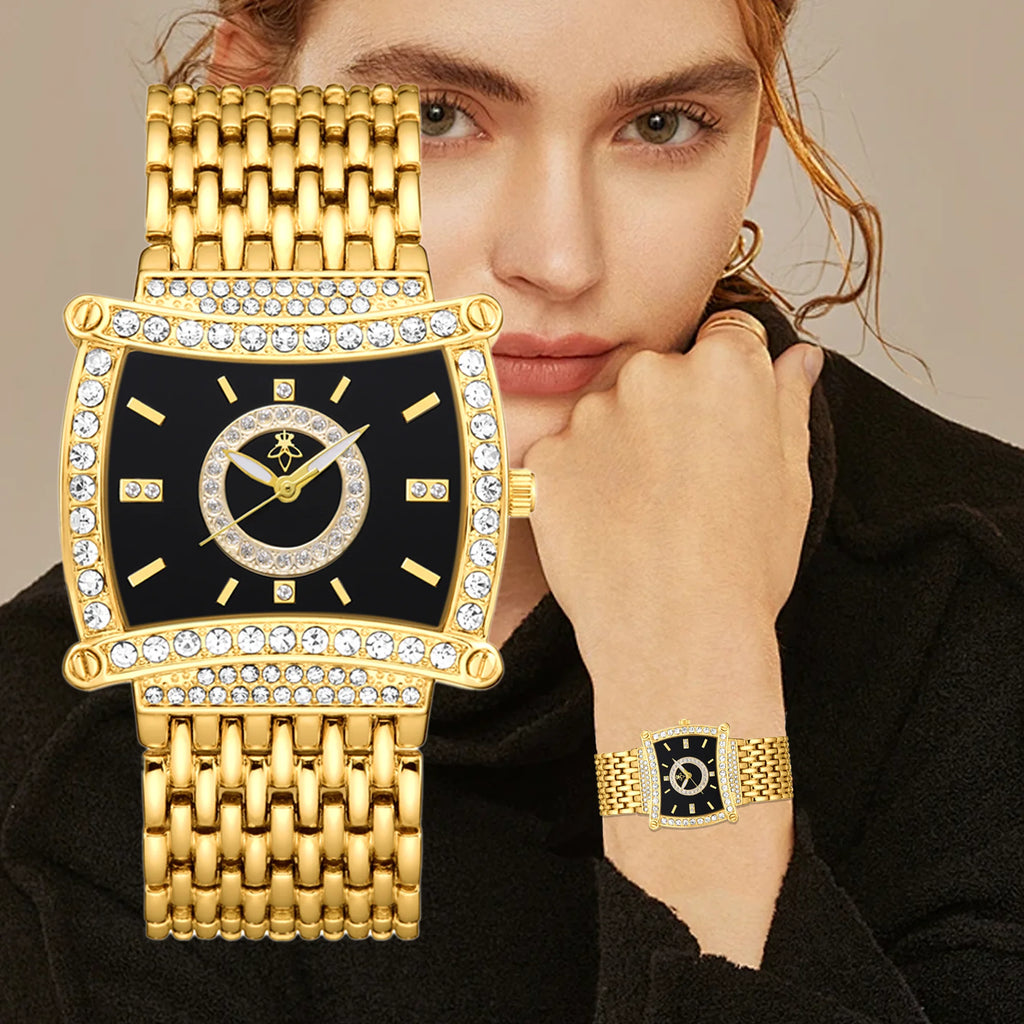 YaLaLuSi Tonneau Square Full Rhinestone Women Watch Black  Dial Double Halo Crystal Bezel Multi-Row Gold Link Bracelet Ladies Quartz Dress Wristwatch