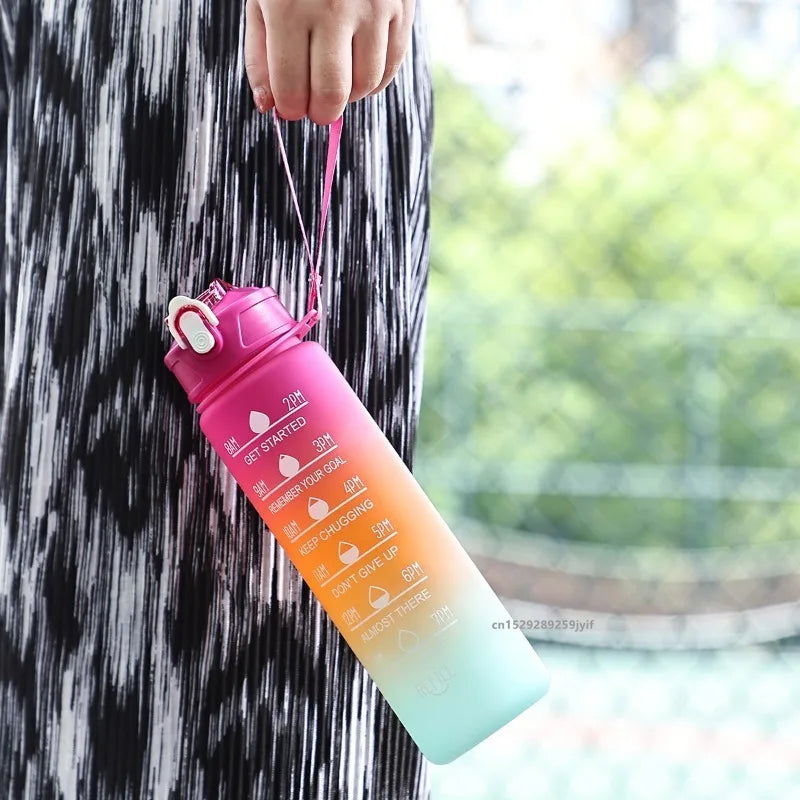 1pc Gradient Sports Water Bottle with Straw & Time Marker for Outdoor Fitness Hiking & Gym Leakproof Travel Water Bottle mbzr