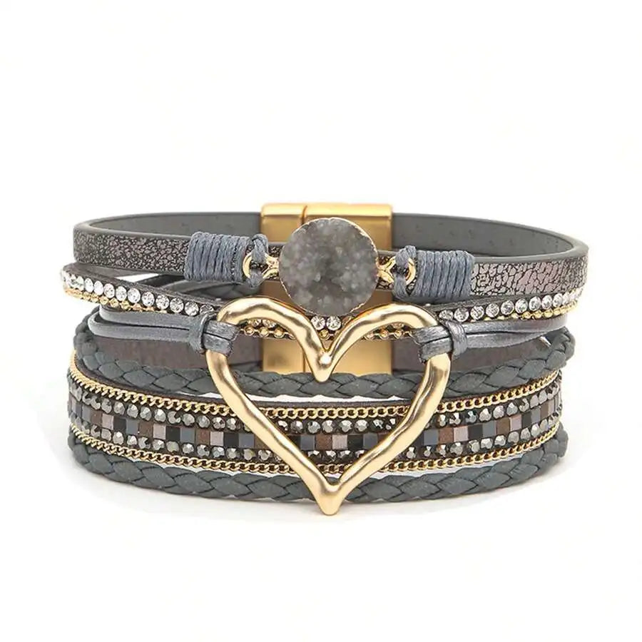 Layered PU Leather Heart Charm Wrap Bracelet With Magnetic Closure For Women, Boho Style, All Season Accessory mbzr