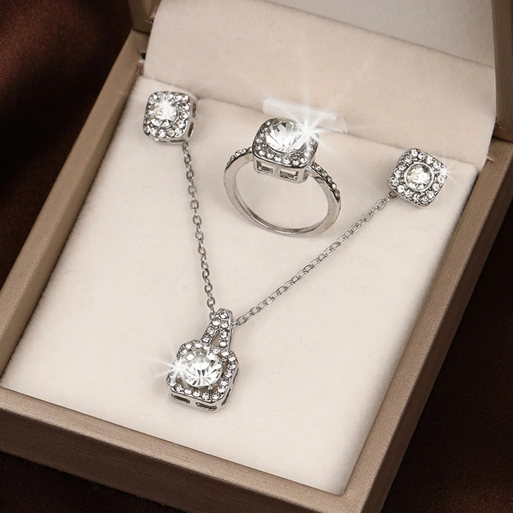 Women's best selling elegant pendant set with square cut micro inlaid zirconia   fashionable necklace   earrings   and ring three piece set luxury