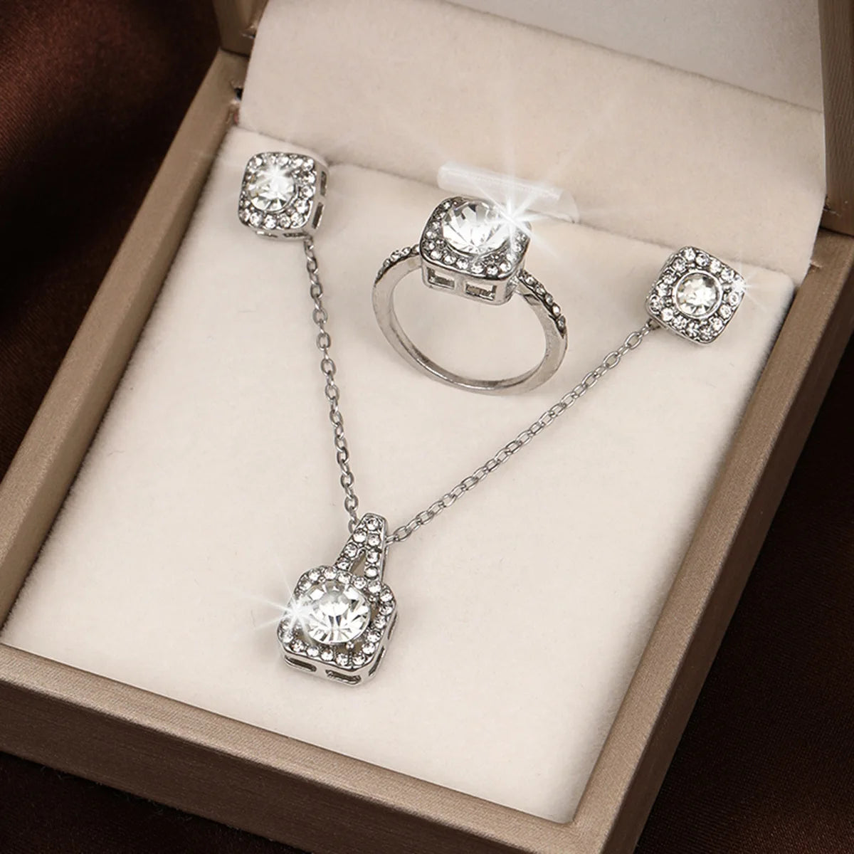 Women's best selling elegant pendant set with square cut micro inlaid zirconia   fashionable necklace   earrings   and ring three piece set luxury