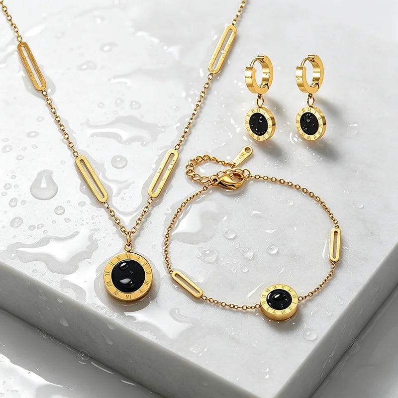 Roman Numeral Round Pendant Jewelry Set For Women, Stainless Steel Necklace Bracelet Hoop Earrings Set, Waterproof Hypoallergenic Non-Tarnish Black Acrylic Fashion Jewellery Gift