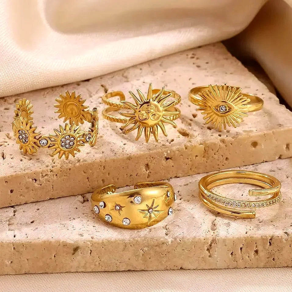 Stainless Steel Tiny Zircon Rings For Women Exquisite Gold Color Sun Double-Layer Ring Punk Hip-Hop Accessory Bague Jewelry Gift