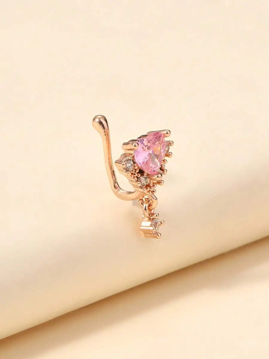 Rose Gold Tone Heart Crystal Nose Cuff For Women, Non-Piercing Rhinestone Jewelry Accessory For Valentine’s Day
