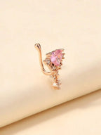 Rose Gold Tone Heart Crystal Nose Cuff For Women, Non-Piercing Rhinestone Jewelry Accessory For Valentine’s Day