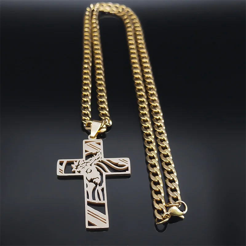 Crown of Thorns Jesus Cross Necklace Stainless Steel Gold Plated Crucifix Pendant Necklaces Jewelry