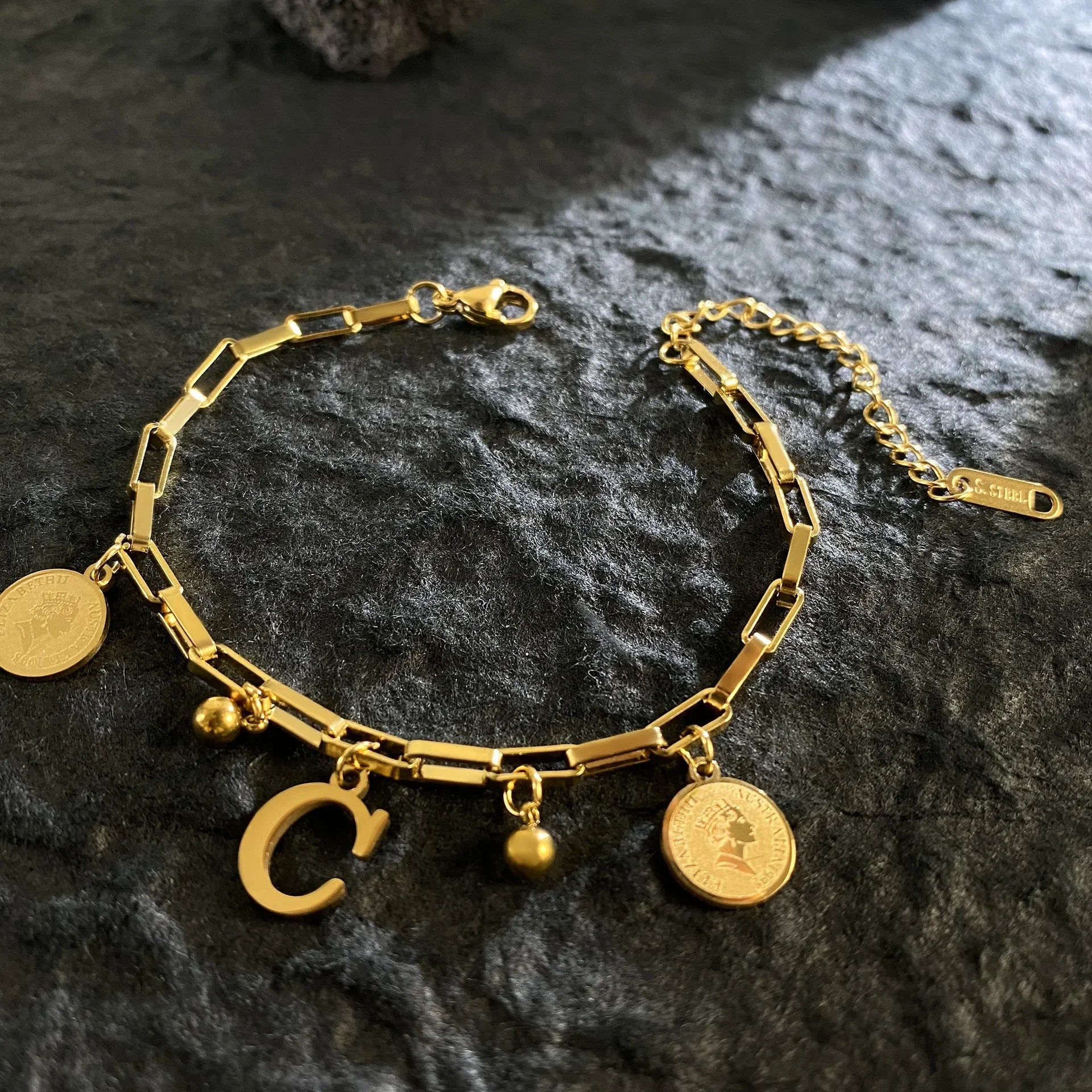 1pc Queen Coin Letter plated Stainless Steel Bracelet for Women Small Bell Pendant Adjustable Bracelet Classic Jewelry Gift